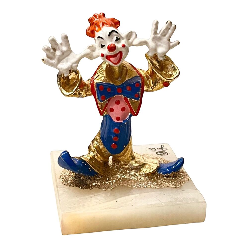 JuDi Originals Clown Figurine 24k Gold on Marble Onyx Base 3" Tongue Out Signed